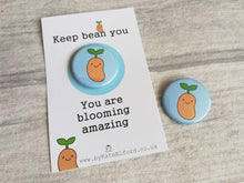Load image into Gallery viewer, Keep bean you, little positive gift, blue mini happy button badge, cute, friend, supportive, thank you
