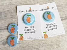Load image into Gallery viewer, Keep bean you, little positive gift, blue mini happy button badge, cute, friend, supportive, thank you
