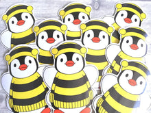 Load image into Gallery viewer, Penguin dressed up as a bee, vinyl sticker, boo the penguin sticker
