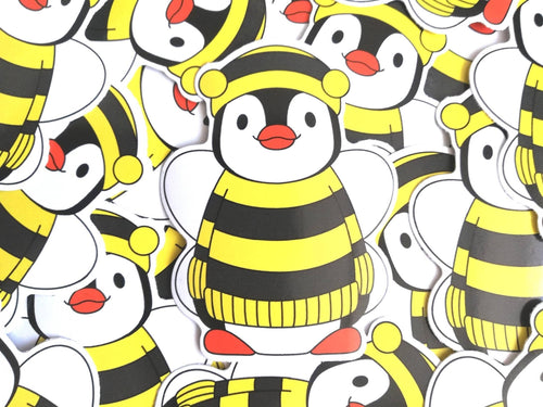 Penguin dressed up as a bee, vinyl sticker, boo the penguin sticker