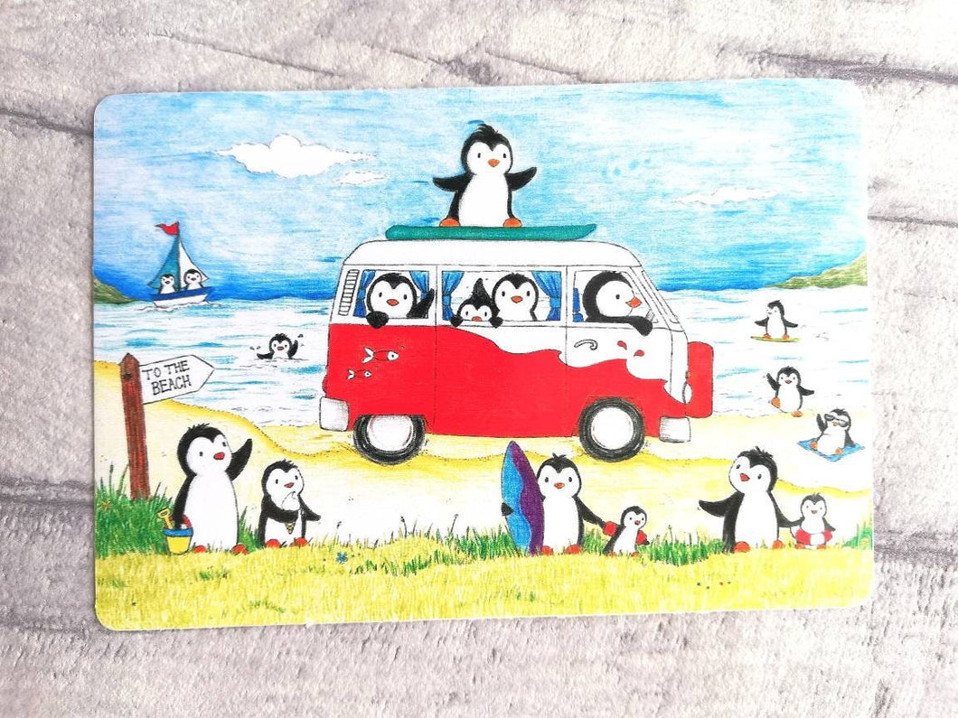 Penguins at the beach, summer penguin vinyl sticker, seaside, surfing, camper, swimming and ice cream