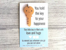 Load image into Gallery viewer, Little key keyring, love and hugs, mini cute happy charm, little positive key fob, the key to happiness, friendship, supportive gift
