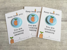 Load image into Gallery viewer, Keep bean you, little positive gift, blue mini happy button badge, cute, friend, supportive, thank you
