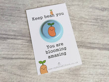 Load image into Gallery viewer, Keep bean you, little positive gift, blue mini happy button badge, cute, friend, supportive, thank you

