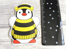 Load image into Gallery viewer, Penguin dressed up as a bee, vinyl sticker, boo the penguin sticker
