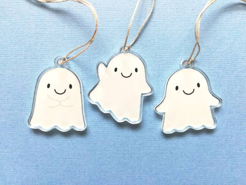Ghost decorations. Set of three recycled acrylic ghosts. Cute happy ghost ornaments.