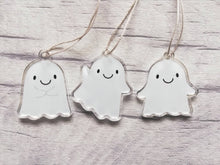 Load image into Gallery viewer, Ghost decorations. Set of three recycled acrylic ghosts. Cute happy ghost ornaments.
