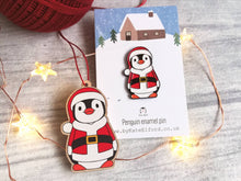 Load image into Gallery viewer, Father Christmas penguin enamel pin and decoration, Boo the penguin, Christmas brooch and ornament
