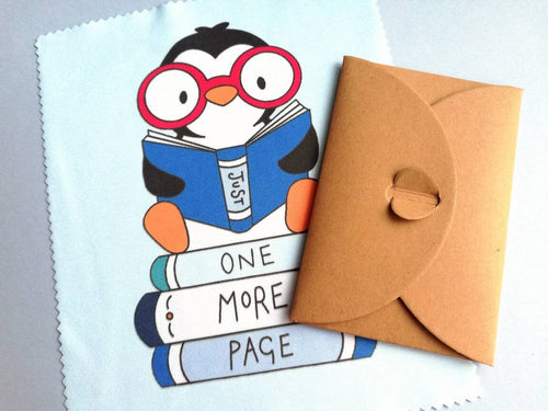 Glasses, screen cleaner, reading penguin, one more page, book lens cloth, cute screen wipe, fabric screen wipe