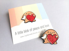 Load image into Gallery viewer, A little blob of peace and love enamel pin, cute happy blob, dove and heart, positive enamel brooch, friendship, supportive enamel badges
