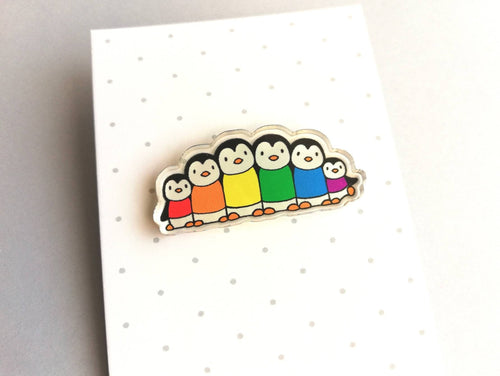 Rainbow penguin pin, recycled acrylic, penguin line up, rainbow jumpers