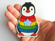 Load image into Gallery viewer, Penguin iridescent holographic vinyl sticker, rainbow and star jumper, boo the penguin sticker
