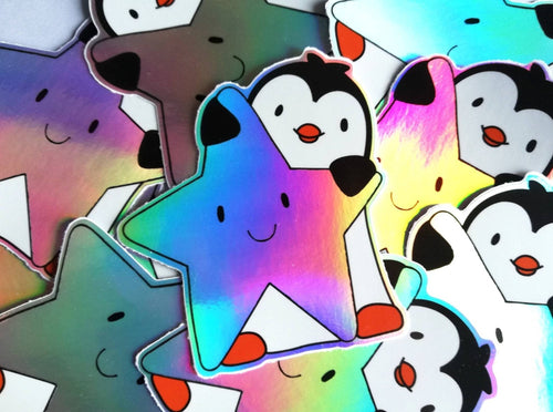 Penguin and star iridescent holographic vinyl sticker, rainbow effect star
