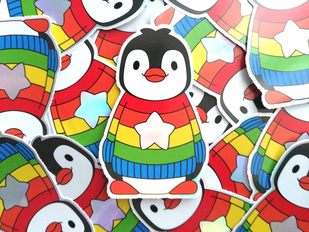 Penguin iridescent holographic vinyl sticker, rainbow and star jumper, boo the penguin sticker
