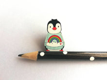 Load image into Gallery viewer, Rainbow penguin wooden pin badge, cute mini penguin brooch. Eco-friendly pin
