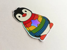 Load image into Gallery viewer, Penguin iridescent holographic vinyl sticker, rainbow and star jumper, boo the penguin sticker
