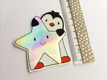 Load image into Gallery viewer, Penguin and star iridescent holographic vinyl sticker, rainbow effect star
