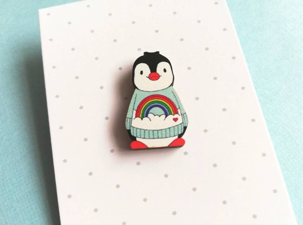 Rainbow penguin wooden pin badge, cute mini penguin brooch. Eco-friendly pin