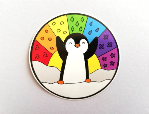 Penguin and rainbow vinyl sticker, penguin sunshine sticker