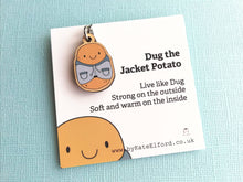 Load image into Gallery viewer, Dug the jacket potato keyring, cute positive mini key fob, self care, wooden potato charm
