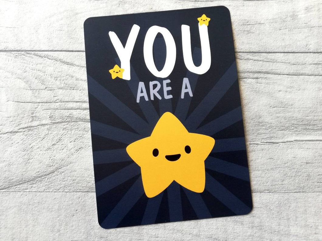 You are a star postcard. A happy, positive message for posting or framing. Thank you post card, well done, you got this, teacher gift