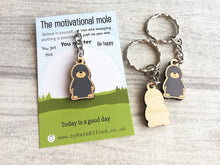 Load image into Gallery viewer, Tiny motivational mole keyring, mini wooden mole key fob, eco friendly wood, mole key chain, bag charm
