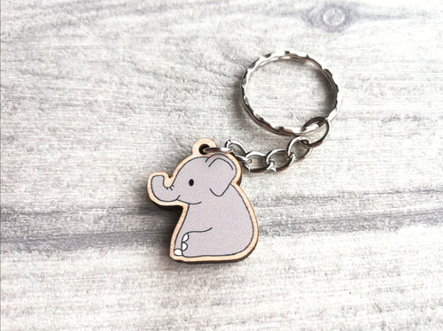 Mini elephant keyring, cute little grey elephant tag, wooden key chain, eco friendly charm