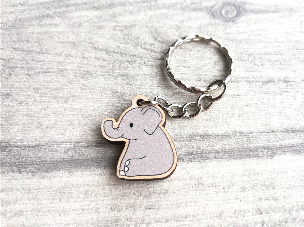 Mini elephant keyring, cute little grey elephant tag, wooden key chain, eco friendly charm
