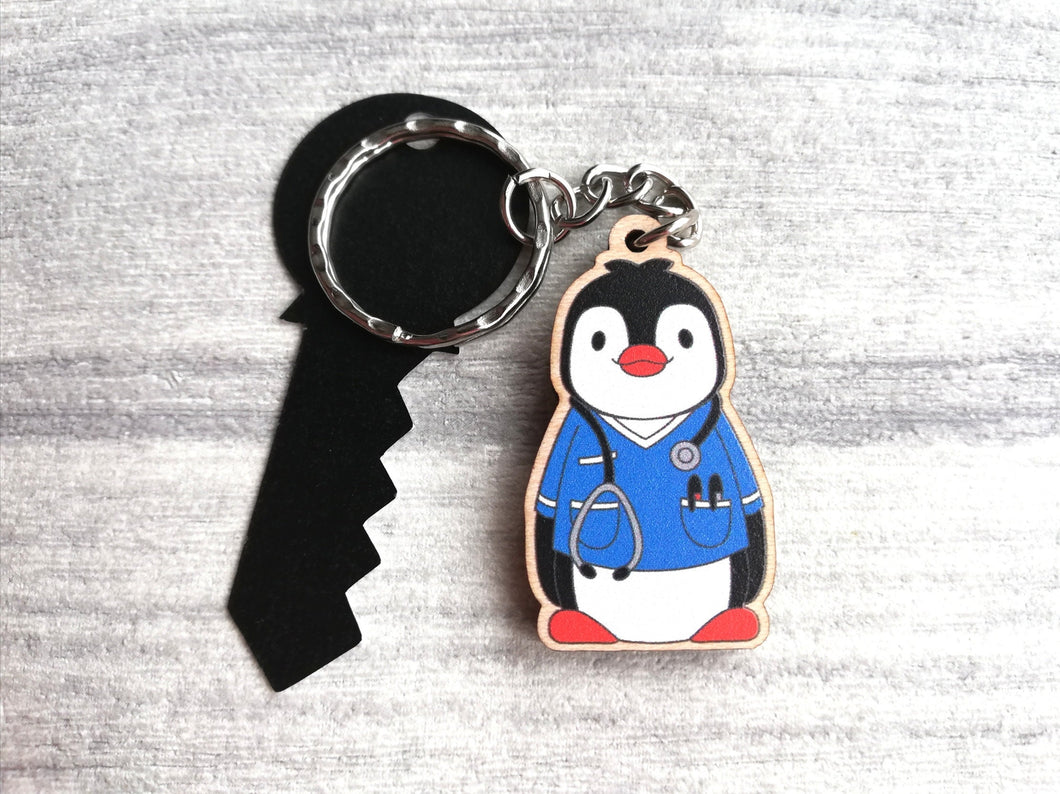 Nurse penguin keyring, nursing wooden key fob, eco friendly wood, Boo the penguin key chain, bag charm