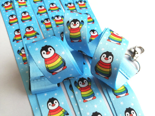 Rainbow penguin lanyard, Boo the penguin, quick release, ID holder