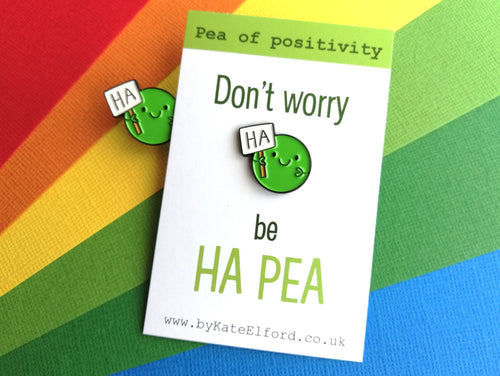 Don't worry, be happy enamel pin. Be Ha pea, a happy pea of positivity, a cute, positive, funny friend gift, care, cheer up present