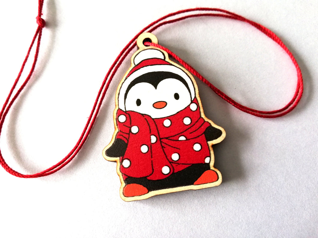 Mini penguin Christmas decorations. Eco friendly. Grey or red small Christmas tree ornaments.