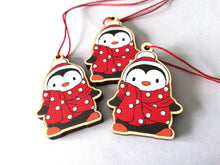 Load image into Gallery viewer, Mini penguin Christmas decorations. Eco friendly. Grey or red small Christmas tree ornaments.
