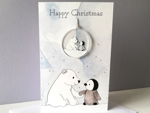 Cute penguin and polar bear Christmas card and recycled acrylic decoration
