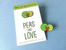 Load image into Gallery viewer, Peas and love, pea of positivity enamel pin, cute green peas and a love heart, positive enamel peace and love badge

