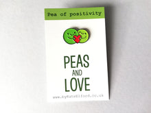 Load image into Gallery viewer, Peas and love, pea of positivity enamel pin, cute green peas and a love heart, positive enamel peace and love badge
