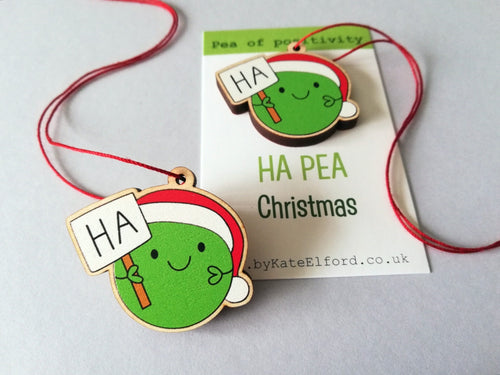 Ha pea Christmas decoration. Little wooden Christmas ornament. Pea of positivity
