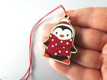 Load image into Gallery viewer, Mini penguin Christmas decorations. Eco friendly. Grey or red small Christmas tree ornaments.
