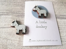 Load image into Gallery viewer, Very tiny donkey magnet, cute mini grey donkey wooden magnet, ethically sourced wood, eco friendly fridge magnet
