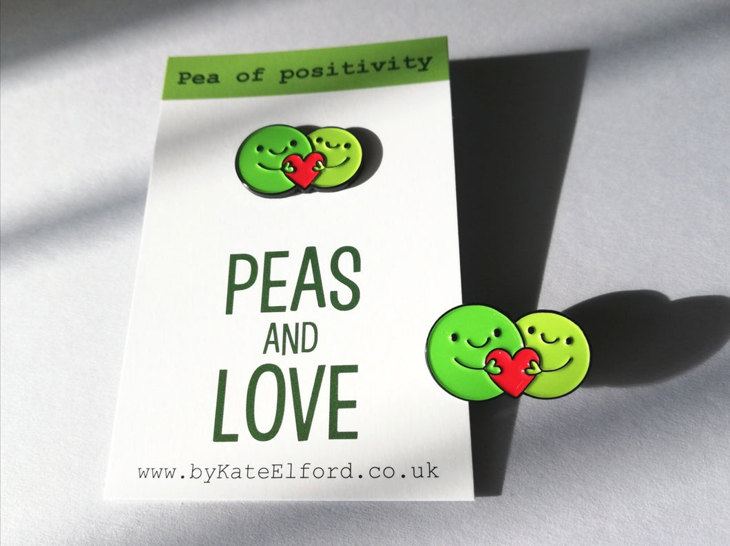 Peas and love, pea of positivity enamel pin, cute green peas and a love heart, positive enamel peace and love badge