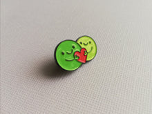 Load image into Gallery viewer, Mushy peas, pea of positivity enamel pin, cute peas and love heart. positive gift for someone special, best friend, boyfriend, girlfriend
