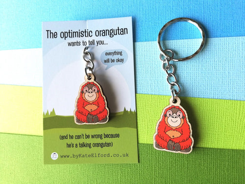 Mini optimistic orangutan keyring, tiny wooden key fob, eco friendly wood, bag charm