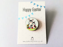 Load image into Gallery viewer, Easter penguins, wooden Easter pin, penguin bunny
