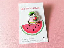 Load image into Gallery viewer, Watermelon penguin recycled acrylic pin. You are one in a melon. Positive, cheer up gift

