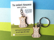 Load image into Gallery viewer, Mini resilient rhino keyring, mini wooden rhinoceros key fob, eco friendly wood, key chain, positive gift
