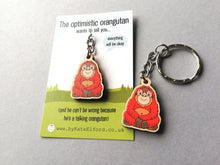 Load image into Gallery viewer, Mini optimistic orangutan keyring, tiny wooden key fob, eco friendly wood, bag charm
