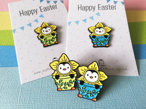 Penguin daffodil enamel pin, Cute Happy Easter gift, penguin spring badge, enamel pins