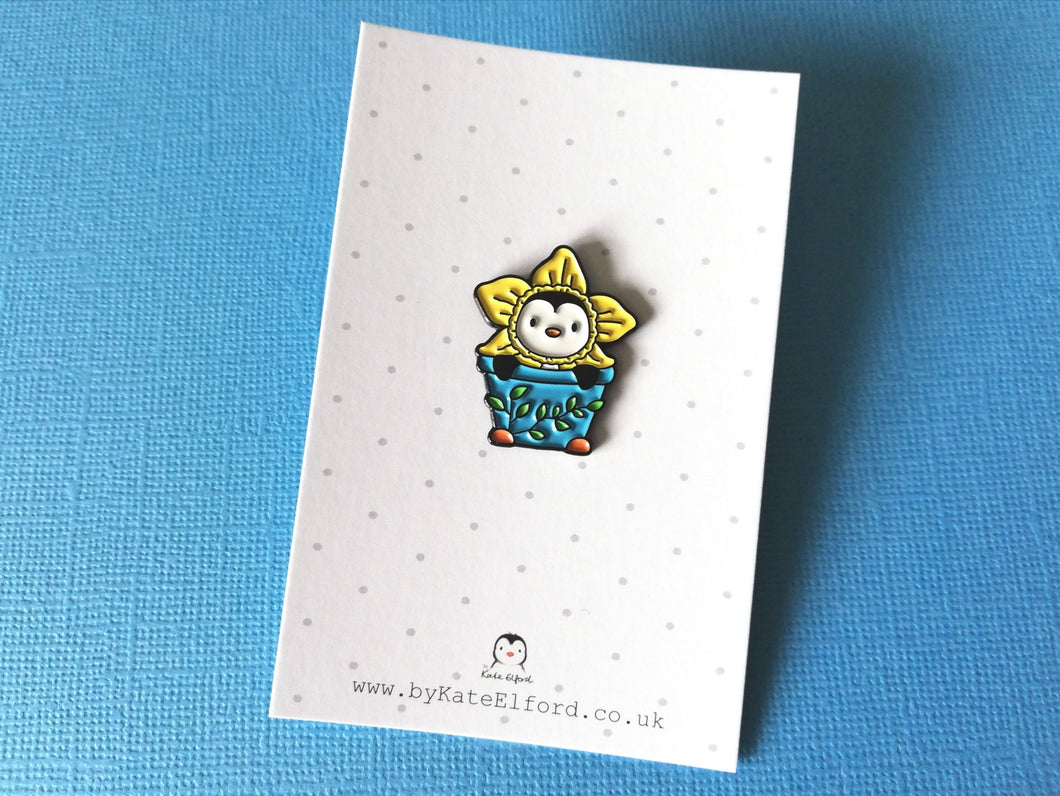 Penguin daffodil enamel pin, Cute spring badge, flower enamel pins