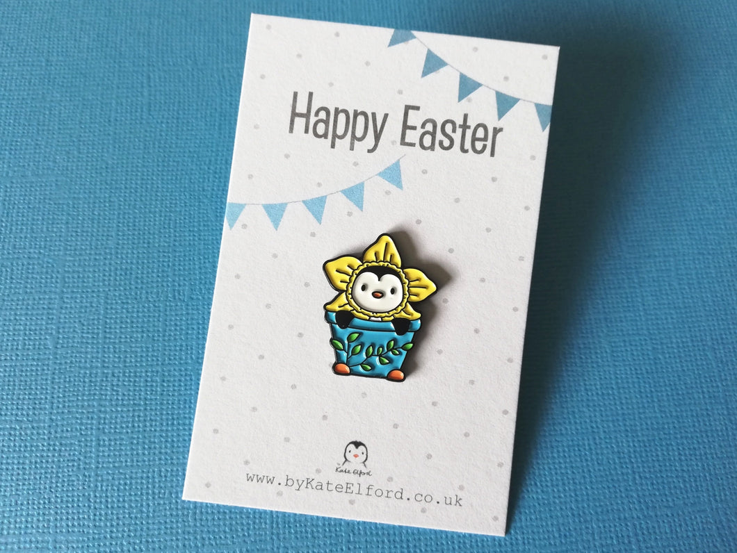 Penguin daffodil enamel pin, Cute Happy Easter gift, penguin spring badge, enamel pins